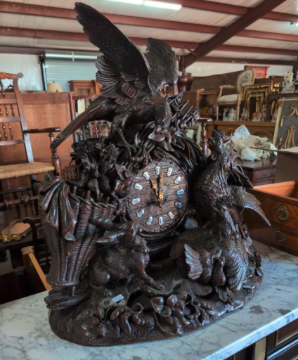Black Forest carved eagle clock — stunning European craftsmanship