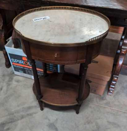 French marble-top round side table with brass gallery