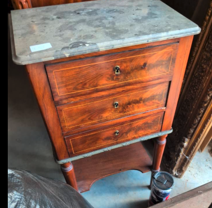 Marble-top inlaid nightstand with figured walnut veneer