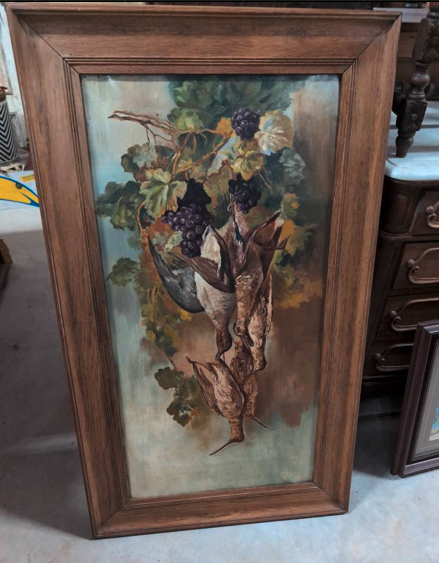 Antique oil painting — grapes and pheasant still life