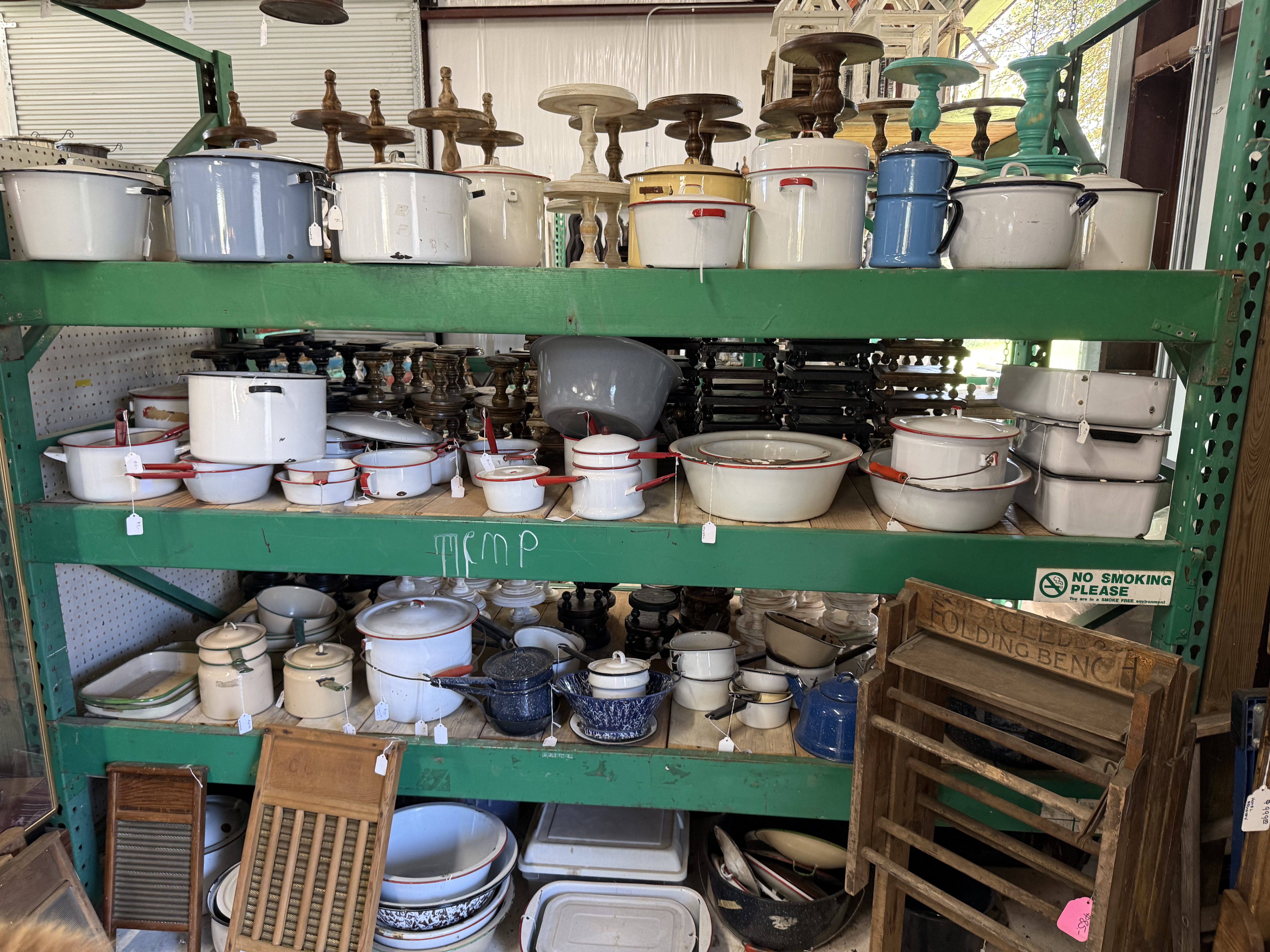Enamelware, scales, and vintage kitchen collectibles