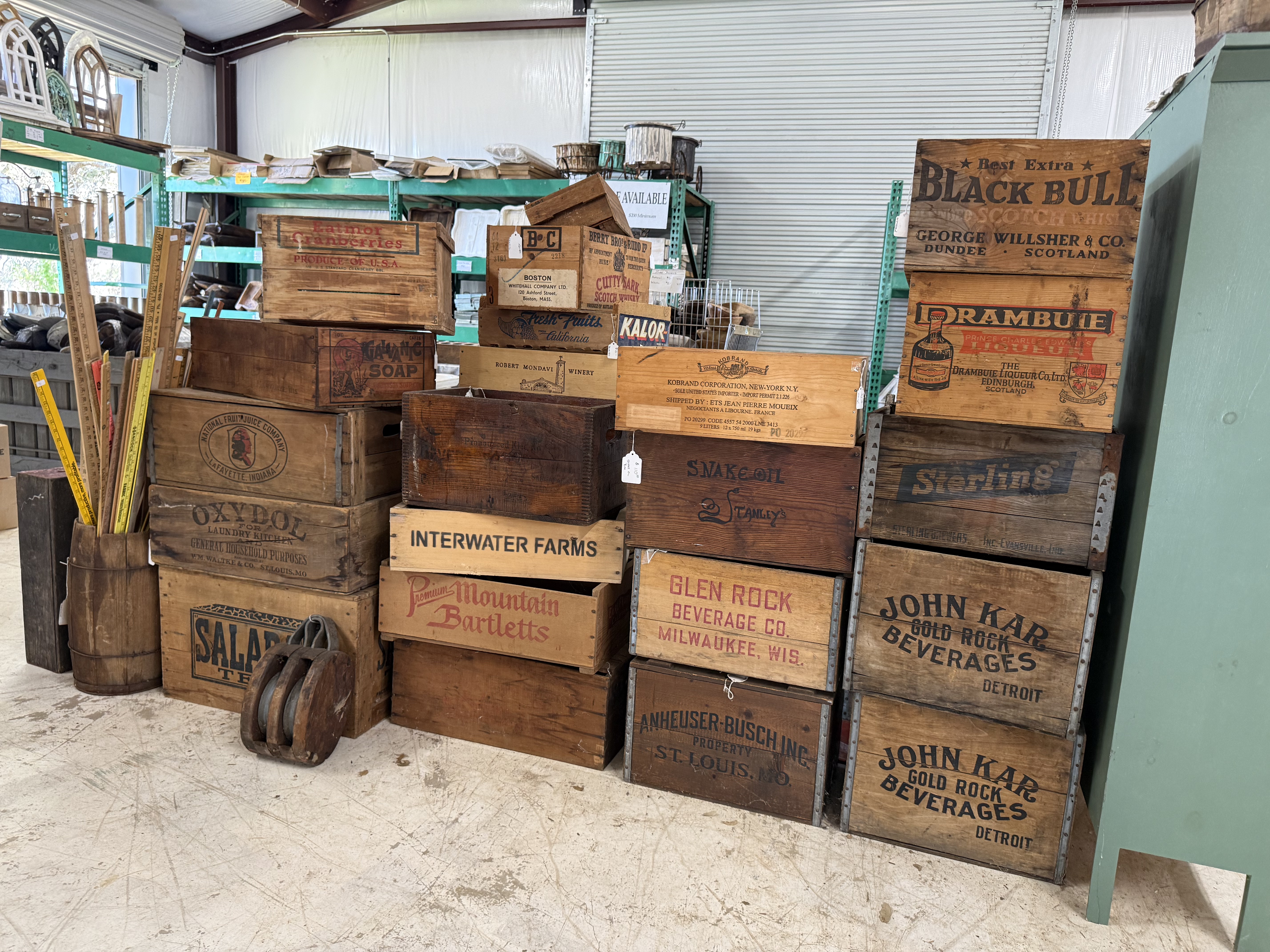 Antique wooden shipping crates and advertising boxes