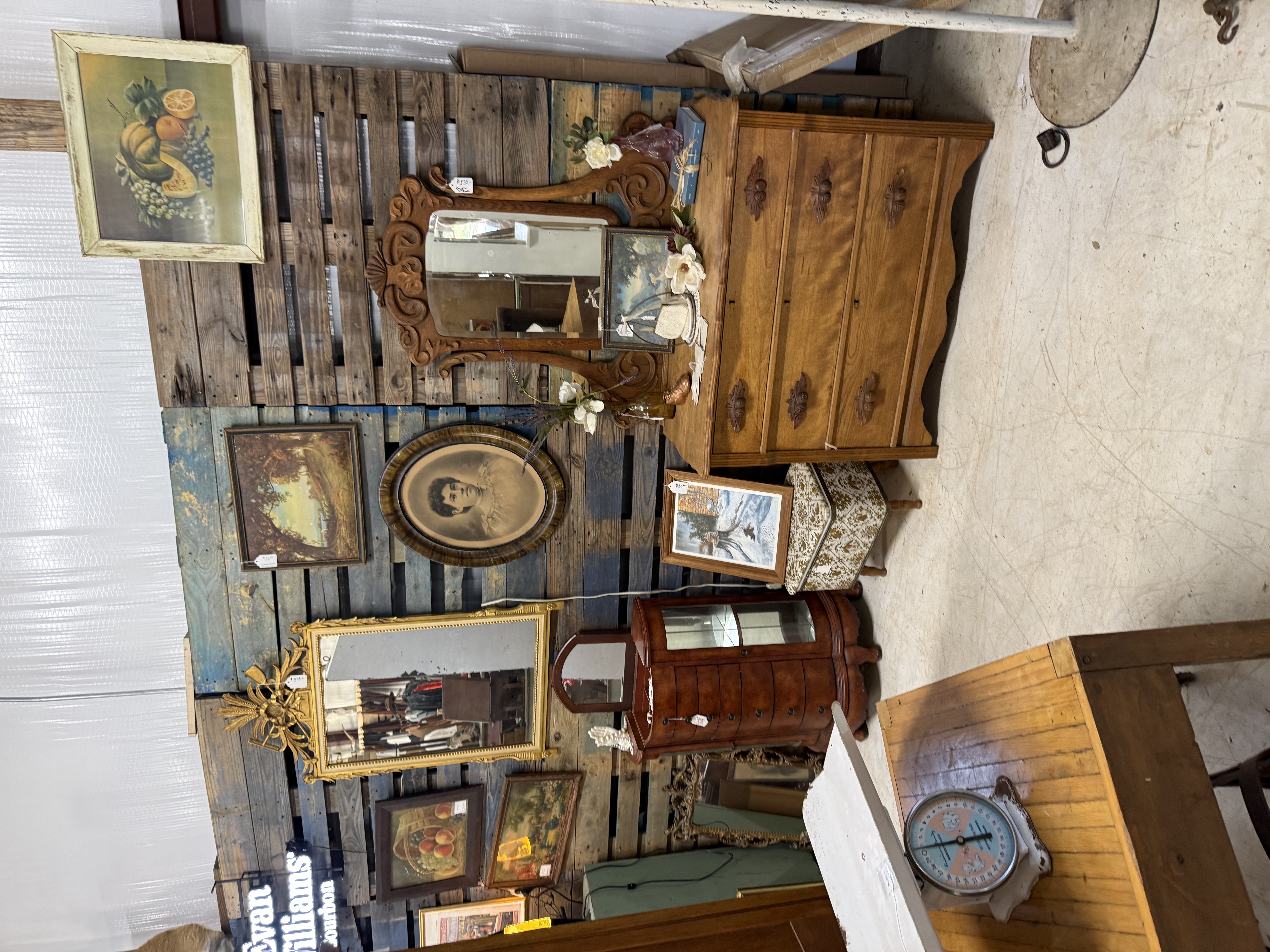 Antique furniture, mirrors, art, and vintage decor