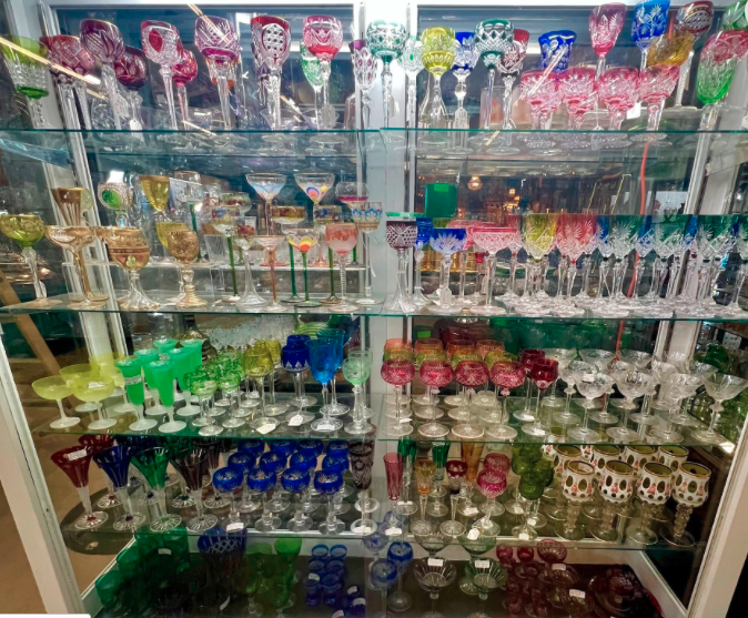 Bohemian colored cut crystal stemware collection — rainbow display